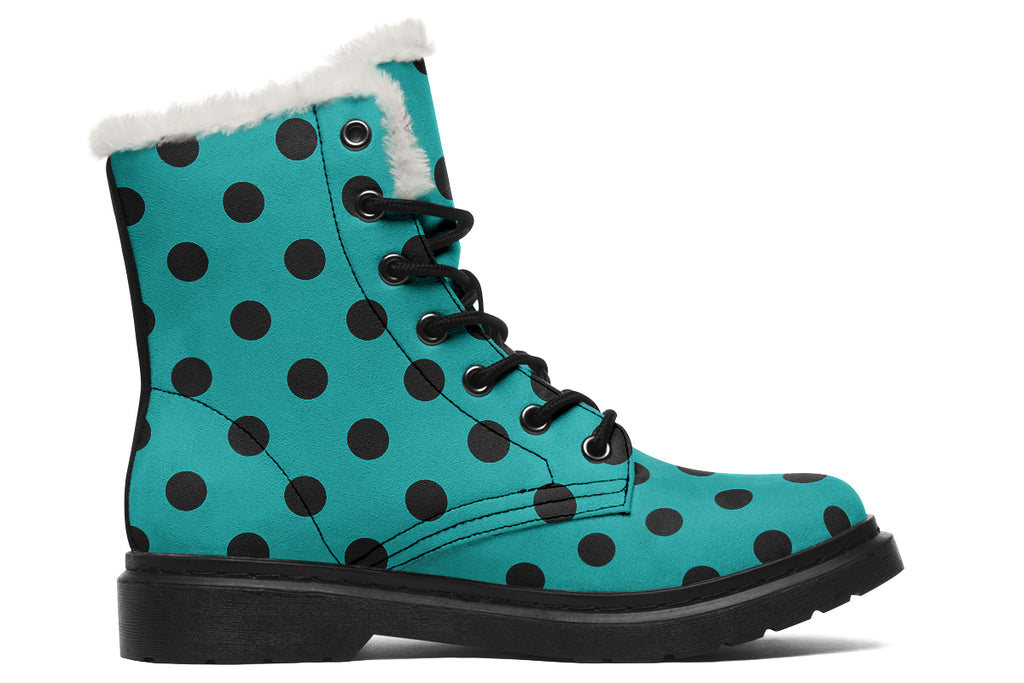 Pennyroyal Teal Polka Dot Faux Fur Boots