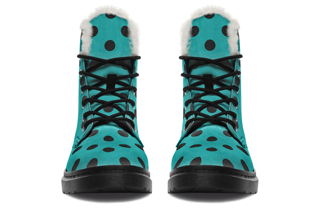 Pennyroyal Teal Polka Dot Faux Fur Boots