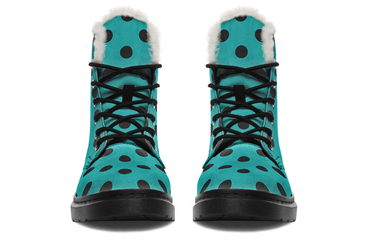 Pennyroyal Teal Polka Dot Faux Fur Boots