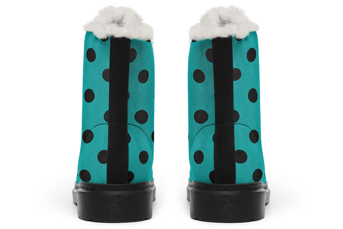 Pennyroyal Teal Polka Dot Faux Fur Boots