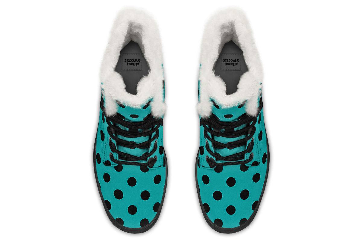 Pennyroyal Teal Polka Dot Faux Fur Boots