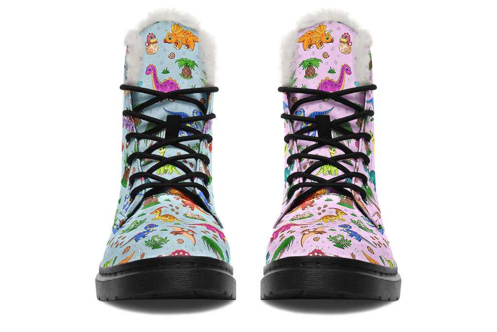 Pink And Blue Mismatched Baby Dinos Faux Fur Boots - Offbeat Sweetie
