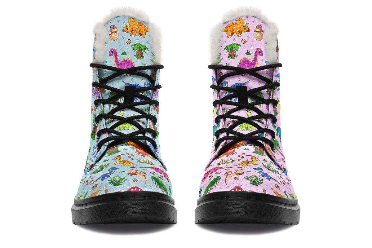 Pink And Blue Mismatched Baby Dinos Faux Fur Boots - Offbeat Sweetie