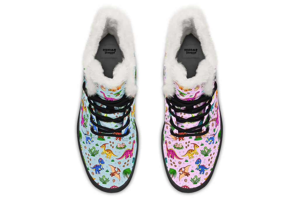 Pink And Blue Mismatched Baby Dinos Faux Fur Boots - Offbeat Sweetie