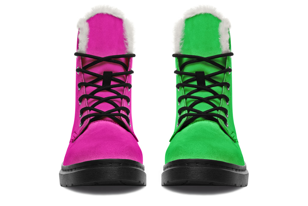 Pink And Green Mismatch Faux Fur Boots