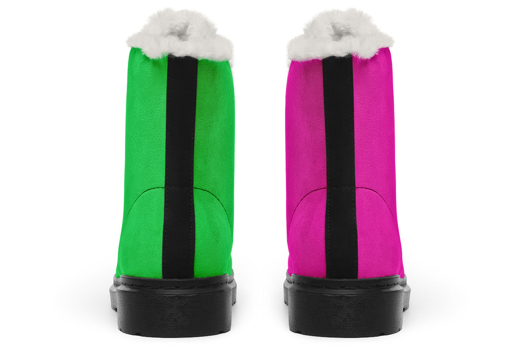 Pink And Green Mismatch Faux Fur Boots