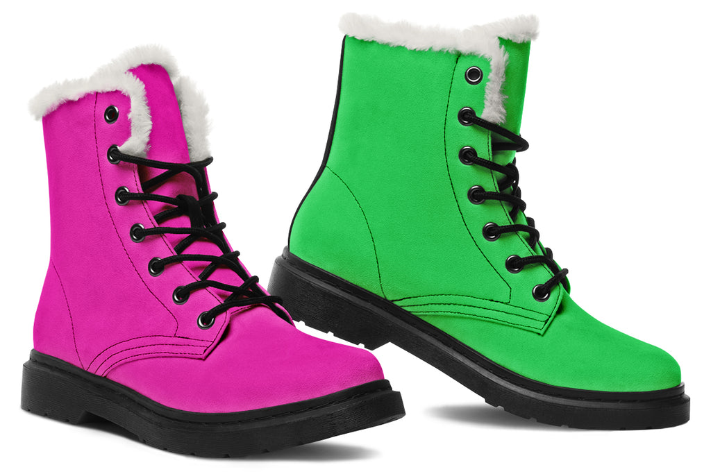 Pink And Green Mismatch Faux Fur Boots