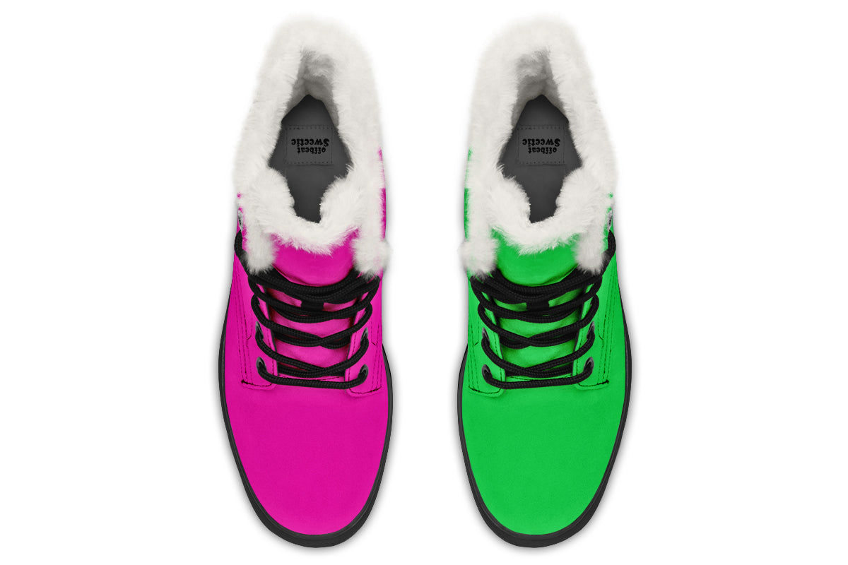 Pink And Green Mismatch Faux Fur Boots