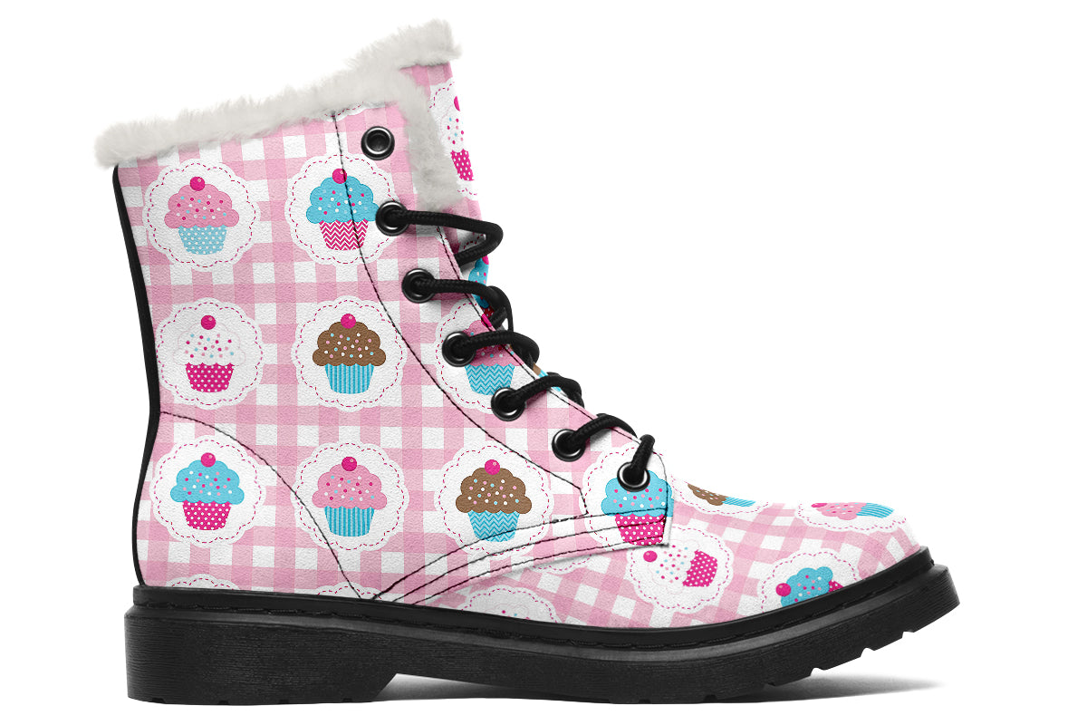 Pink And Yellow Mismatch Gingham Cupcakes Faux Fur Boots