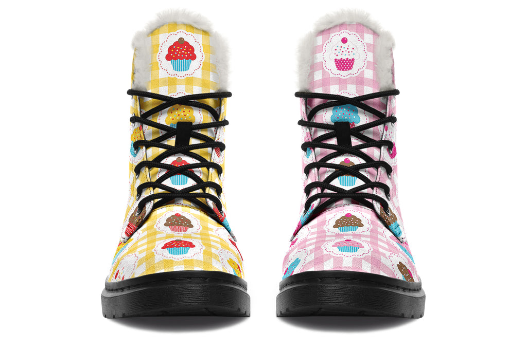 Pink And Yellow Mismatch Gingham Cupcakes Faux Fur Boots