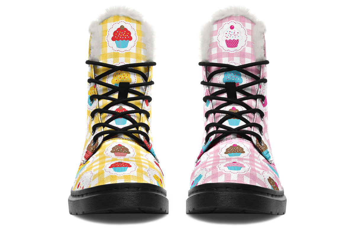 Pink And Yellow Mismatch Gingham Cupcakes Faux Fur Boots