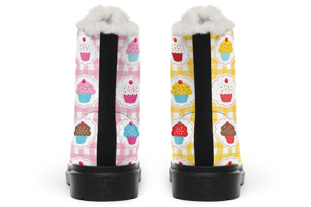 Pink And Yellow Mismatch Gingham Cupcakes Faux Fur Boots