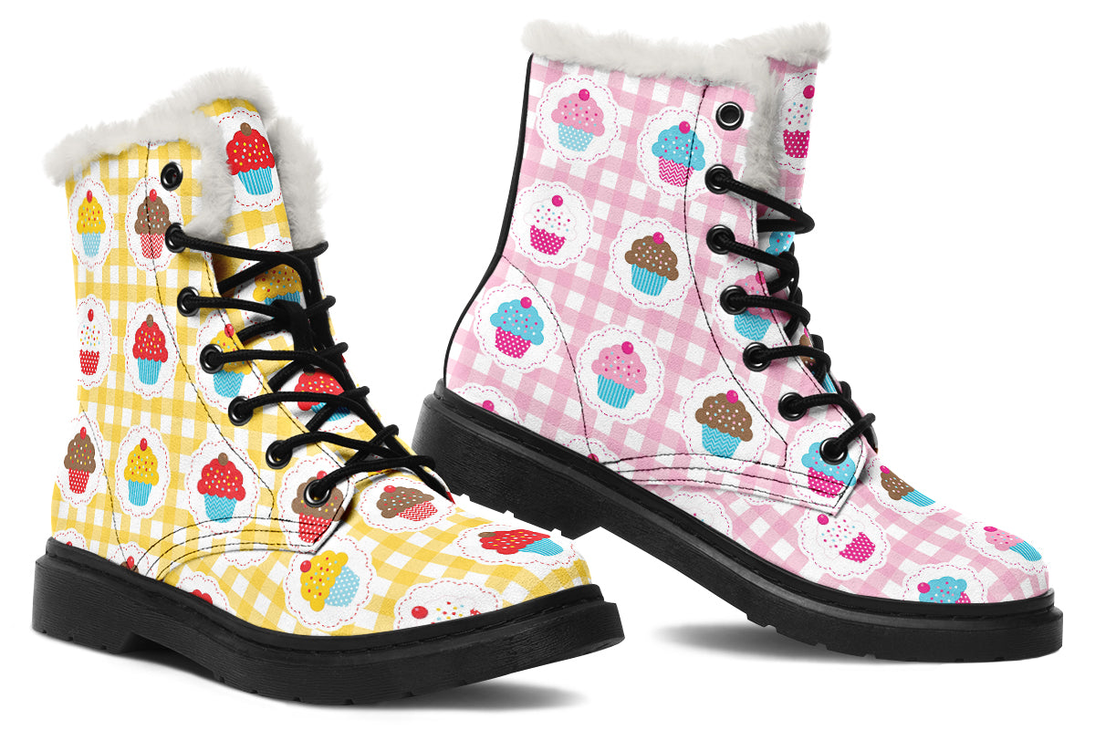Pink And Yellow Mismatch Gingham Cupcakes Faux Fur Boots