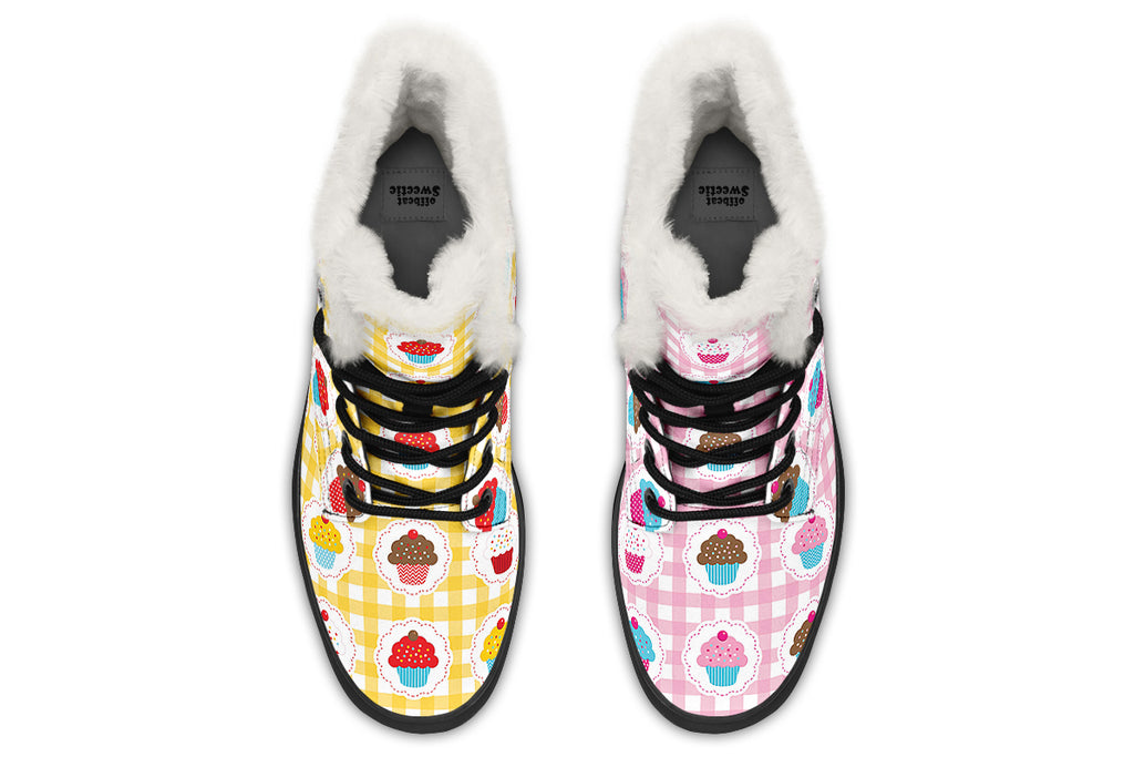 Pink And Yellow Mismatch Gingham Cupcakes Faux Fur Boots