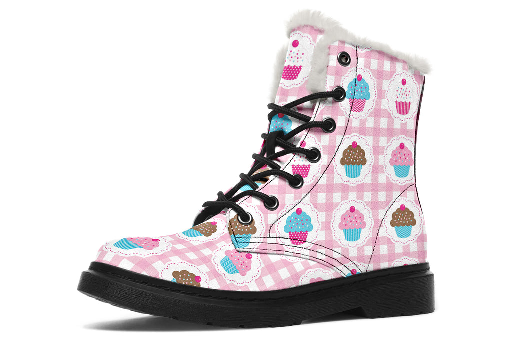 Pink Gingham Cupcakes Faux Fur Boots