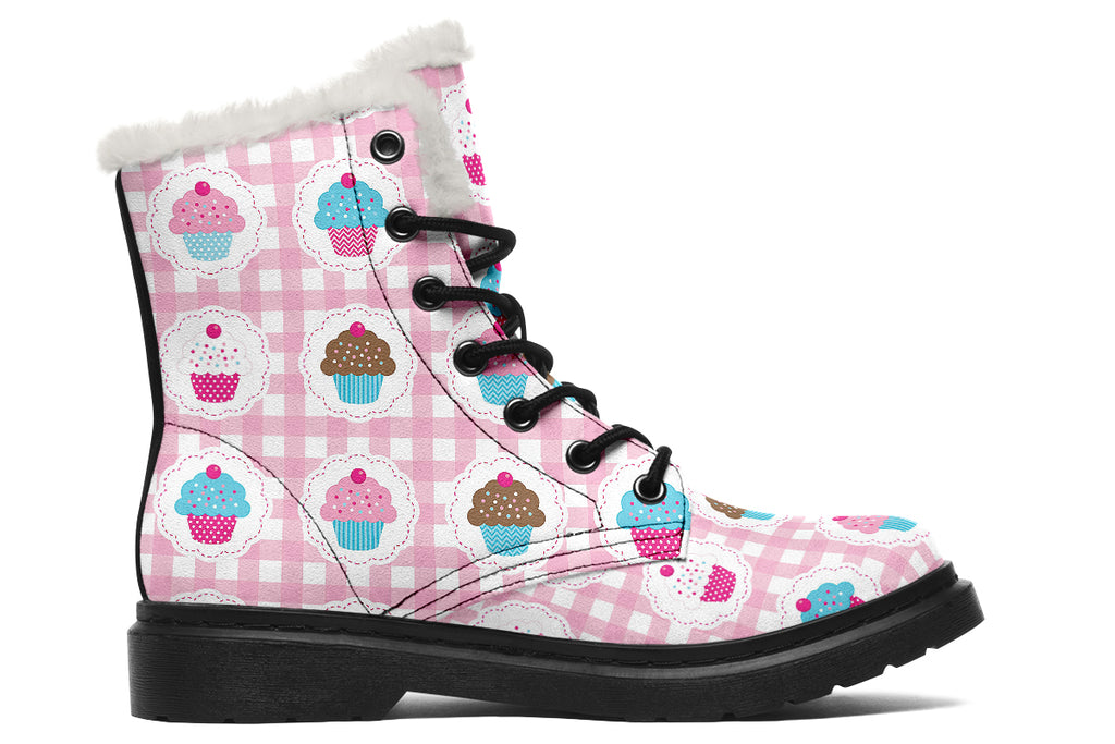 Pink Gingham Cupcakes Faux Fur Boots