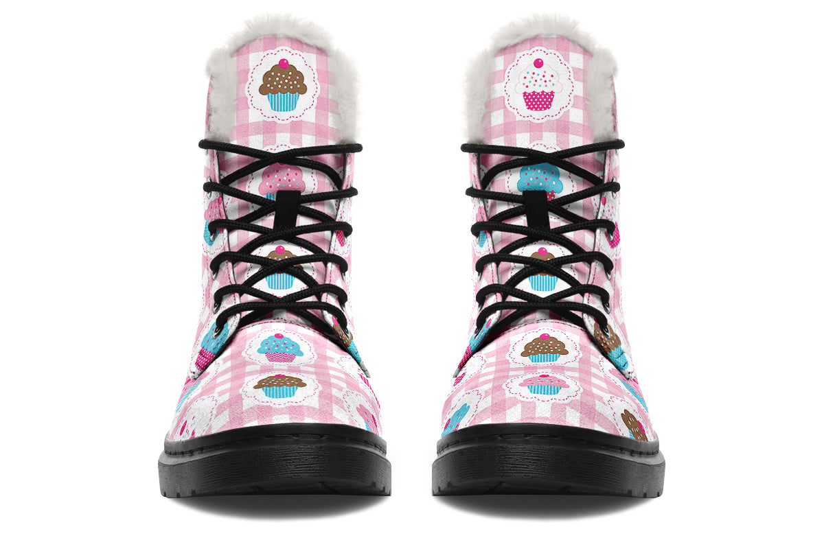 Pink Gingham Cupcakes Faux Fur Boots