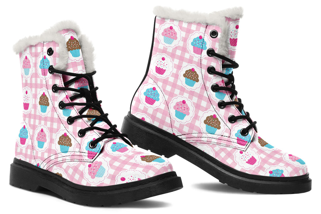 Pink Gingham Cupcakes Faux Fur Boots