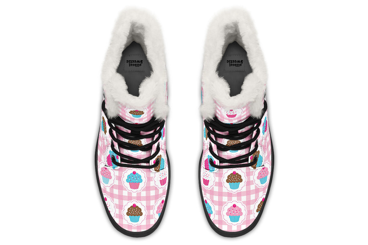 Pink Gingham Cupcakes Faux Fur Boots