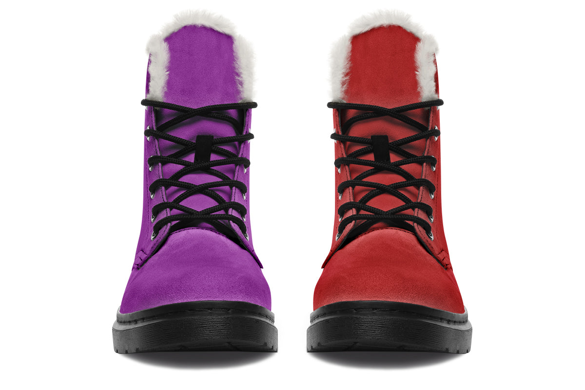 Purple And Red Mismatch Faux Fur Boots - Offbeat Sweetie