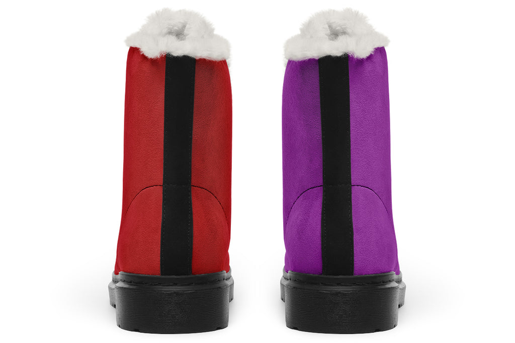 Purple And Red Mismatch Faux Fur Boots - Offbeat Sweetie