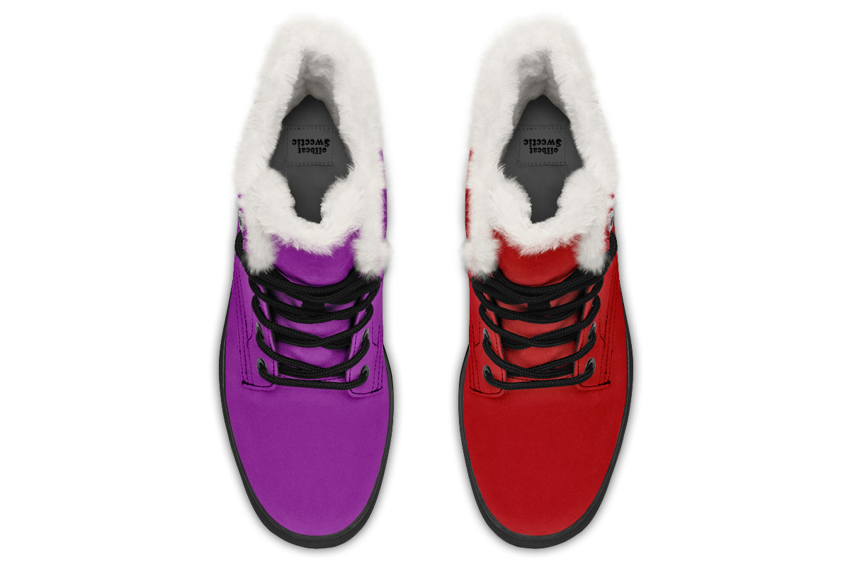 Purple And Red Mismatch Faux Fur Boots - Offbeat Sweetie
