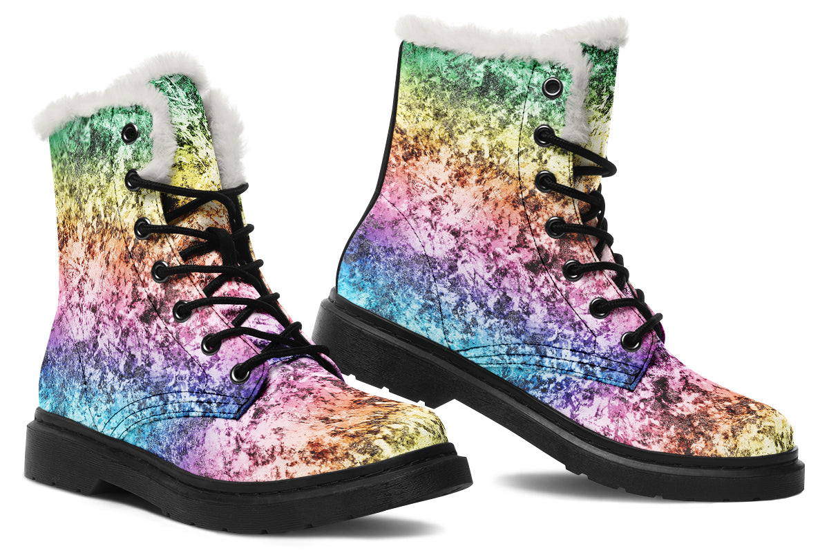 Rainbow Grunge Faux Fur Boots - Offbeat Sweetie