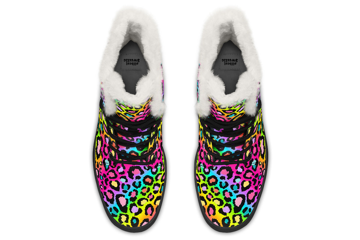 Rainbow Leopard Faux Fur Boots - Offbeat Sweetie