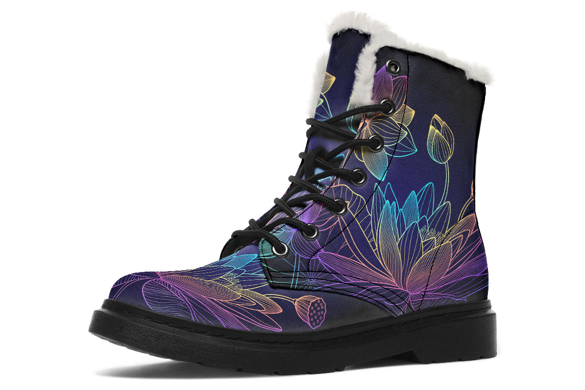 Rainbow Lotus Flowers Faux Fur Boots - Offbeat Sweetie