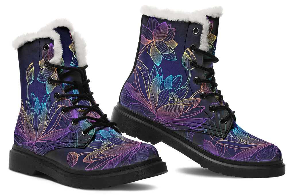 Rainbow Lotus Flowers Faux Fur Boots - Offbeat Sweetie