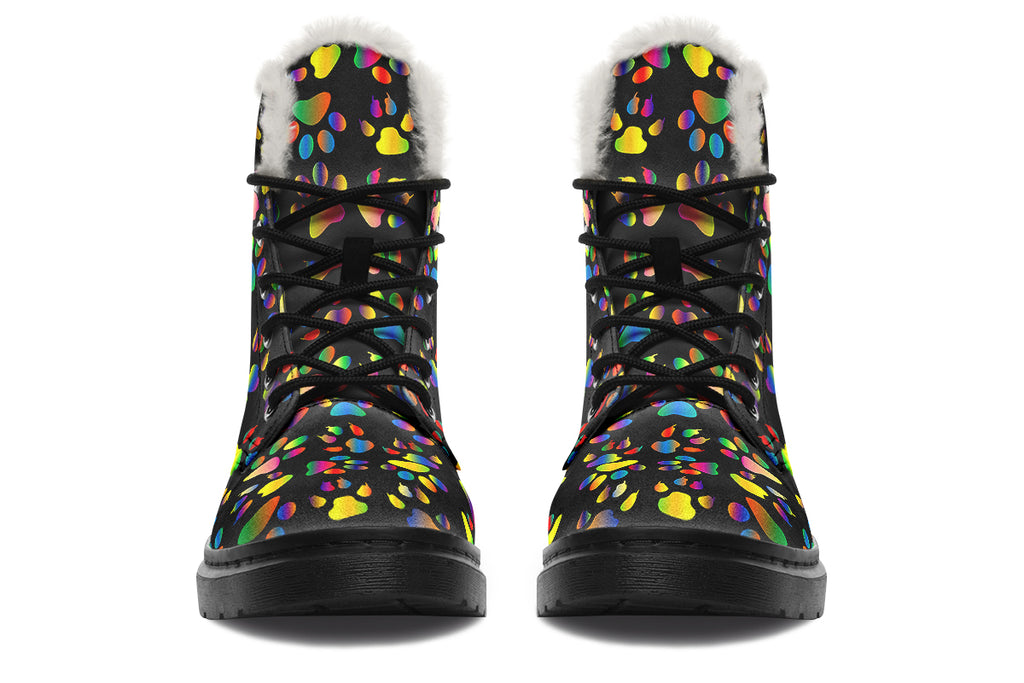 Rainbow Paw Prints Faux Fur Boots - Offbeat Sweetie