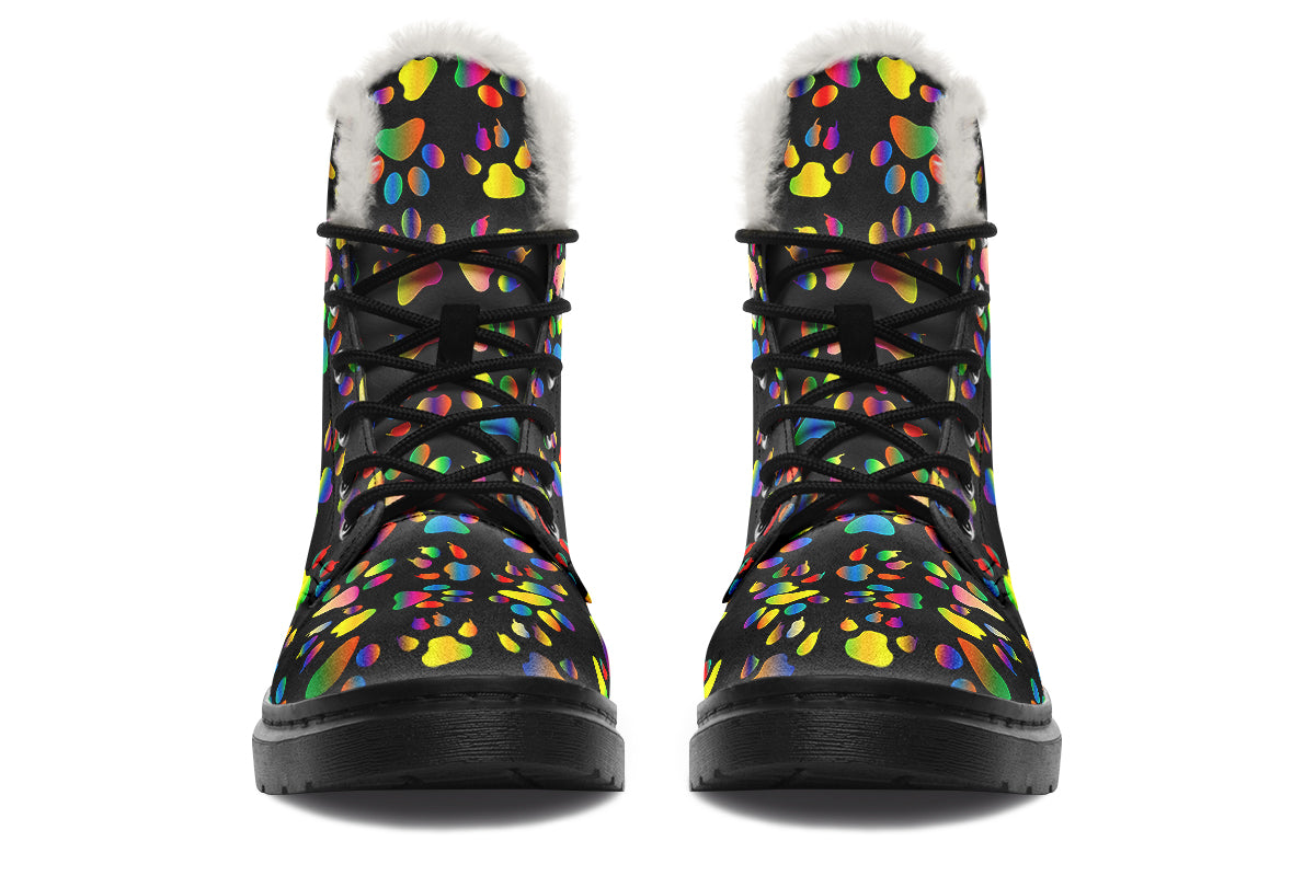 Rainbow Paw Prints Faux Fur Boots - Offbeat Sweetie
