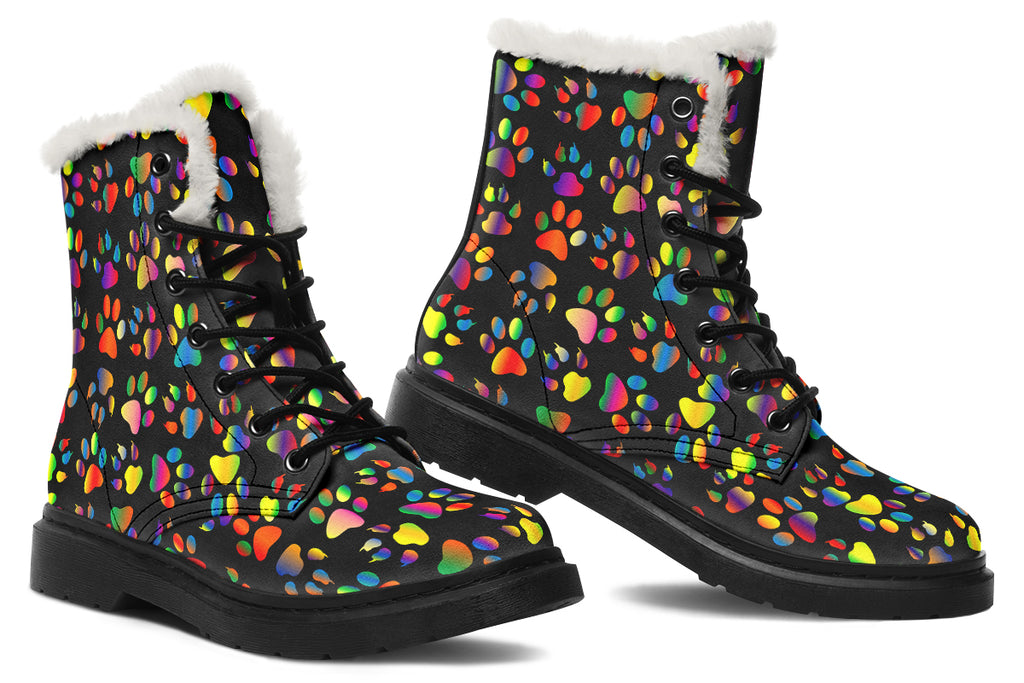 Rainbow Paw Prints Faux Fur Boots - Offbeat Sweetie