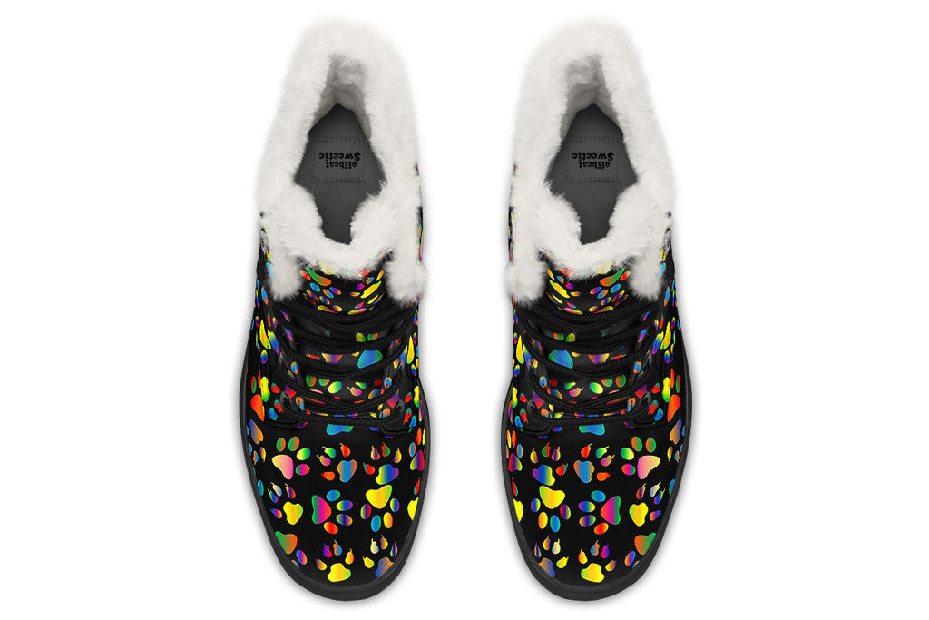 Rainbow Paw Prints Faux Fur Boots - Offbeat Sweetie