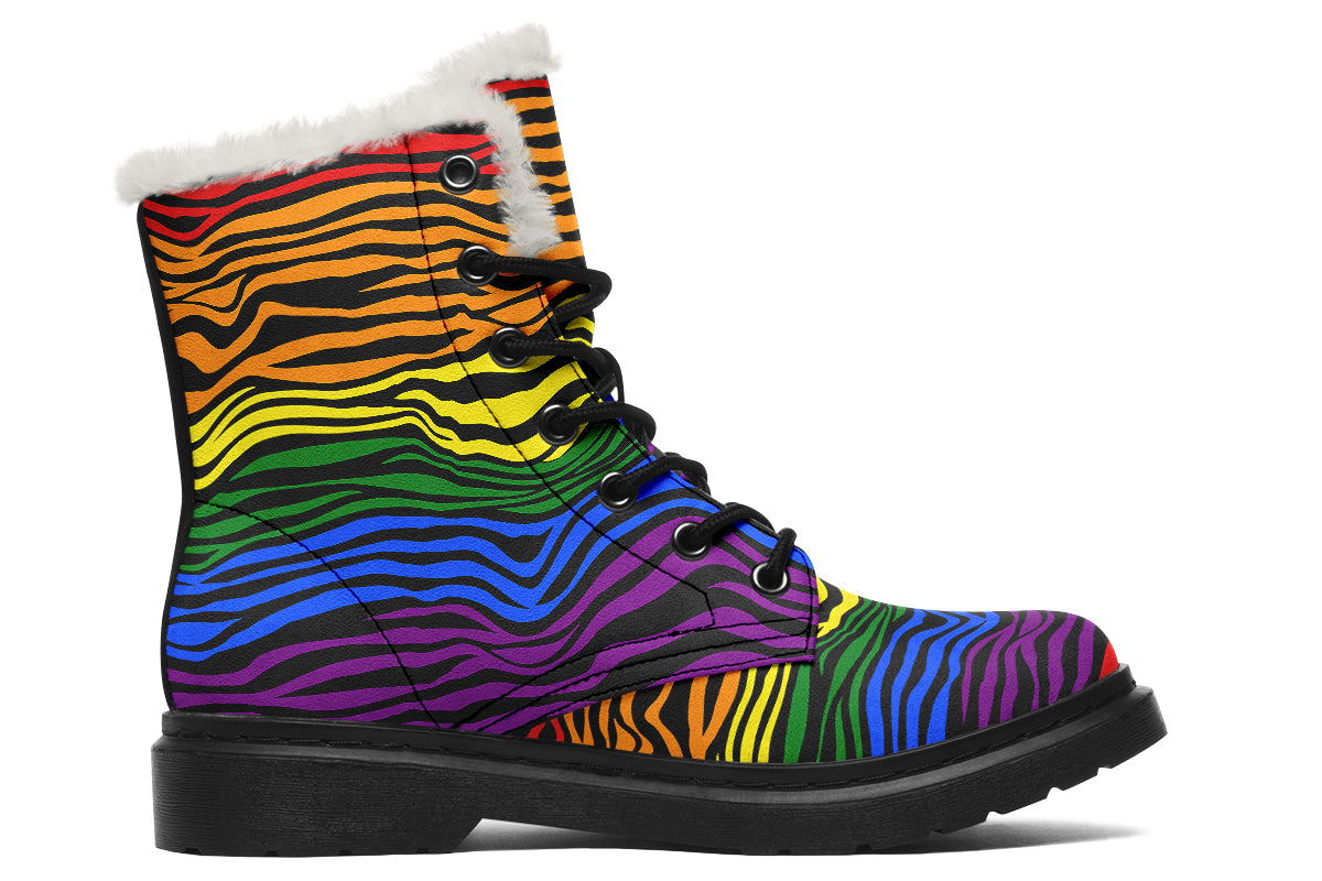 Rainbow Zebra Faux Fur Boots - Offbeat Sweetie