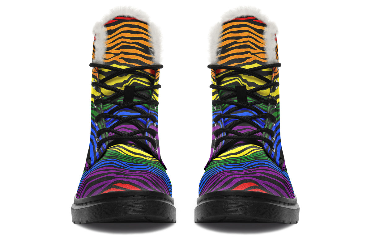 Rainbow Zebra Faux Fur Boots - Offbeat Sweetie