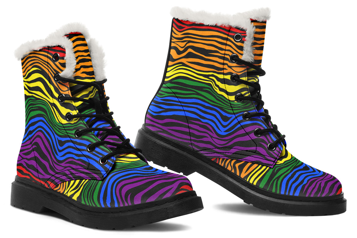 Rainbow Zebra Faux Fur Boots - Offbeat Sweetie