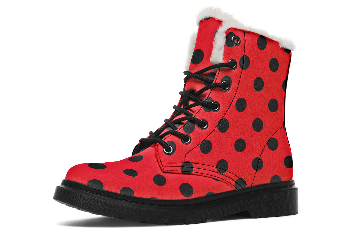 Red And Black Polka Dot Faux Fur Boots