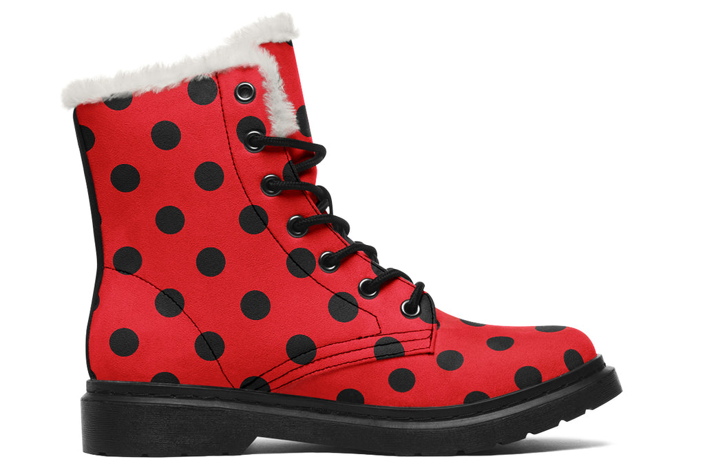 Red And Black Polka Dot Faux Fur Boots