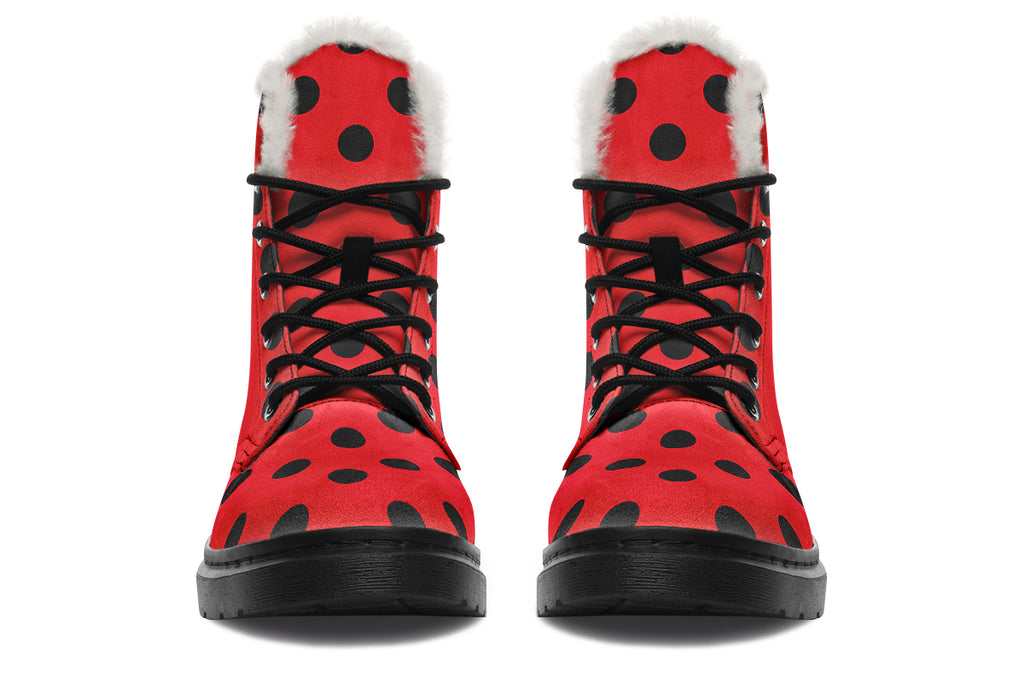 Red And Black Polka Dot Faux Fur Boots