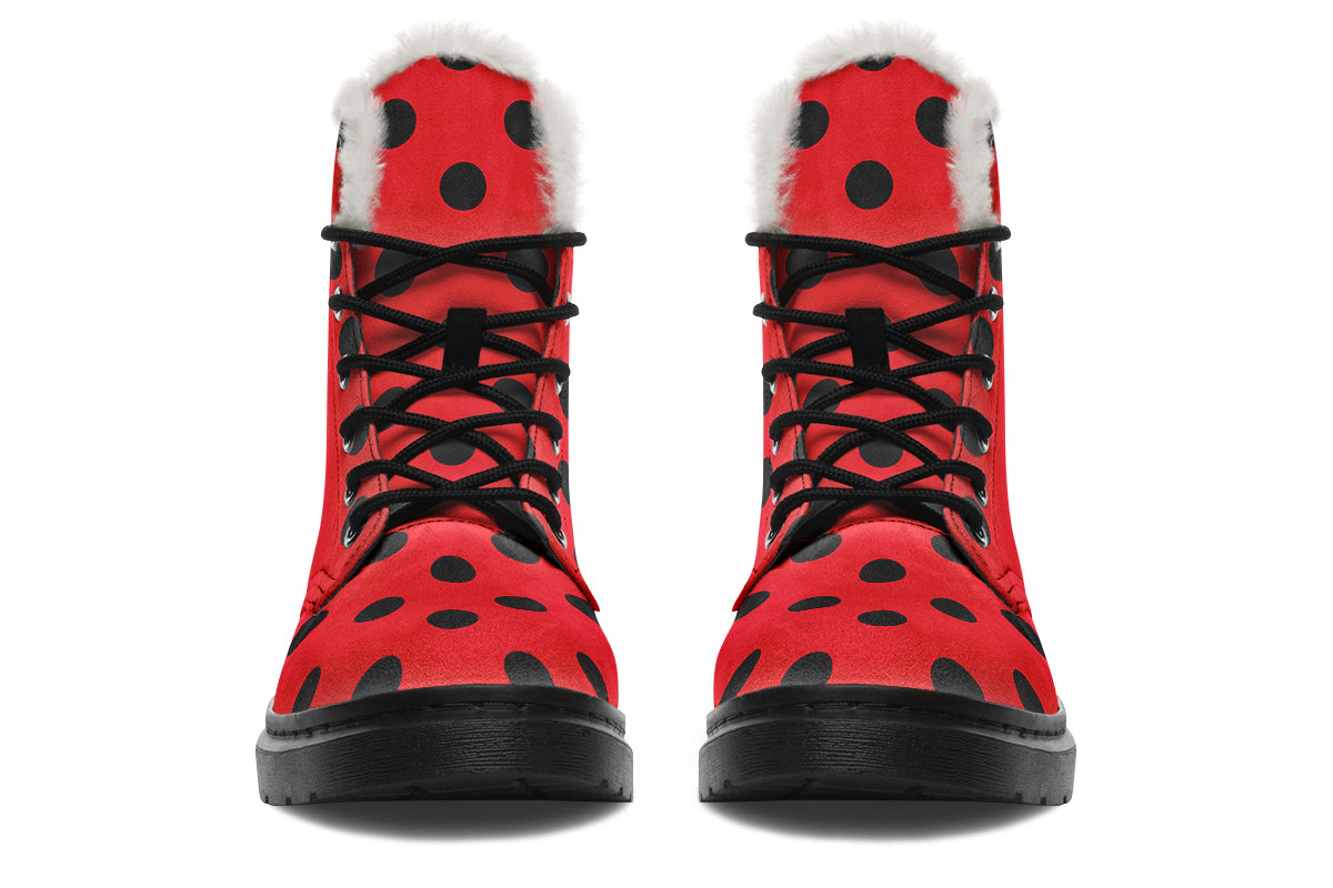 Red And Black Polka Dot Faux Fur Boots