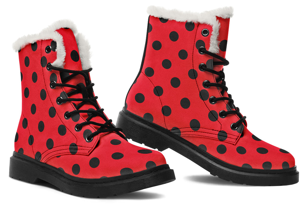 Red And Black Polka Dot Faux Fur Boots