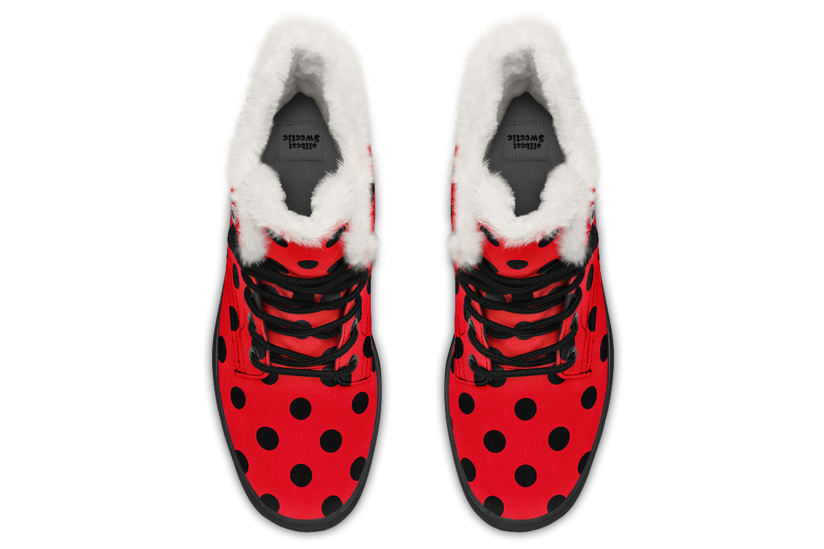 Red And Black Polka Dot Faux Fur Boots
