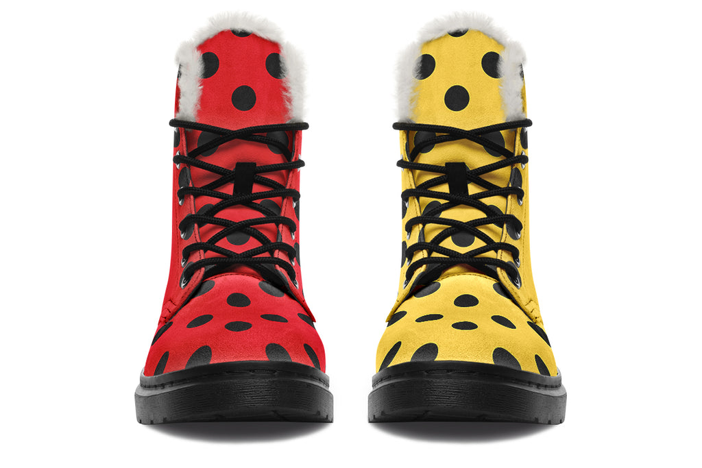 Red And Yellow Mismatched Polka Dot Faux Fur Boots