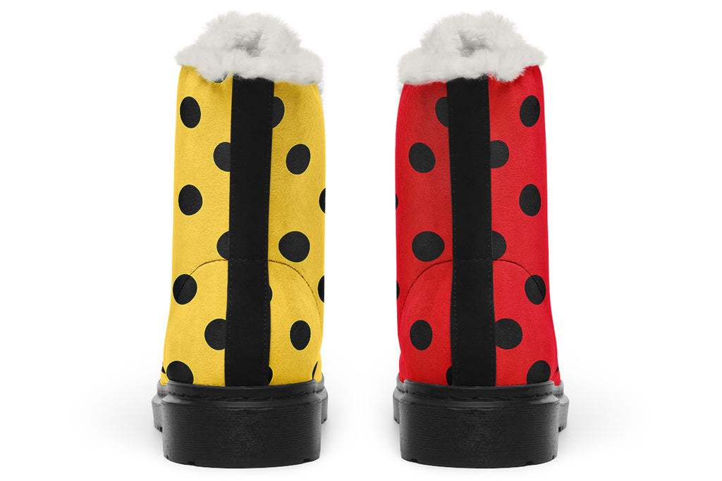 Red And Yellow Mismatched Polka Dot Faux Fur Boots