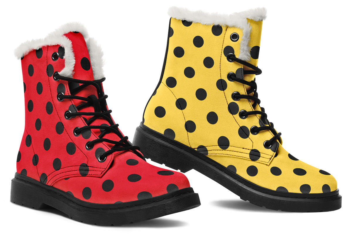 Red And Yellow Mismatched Polka Dot Faux Fur Boots