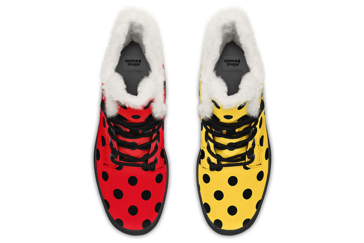 Red And Yellow Mismatched Polka Dot Faux Fur Boots