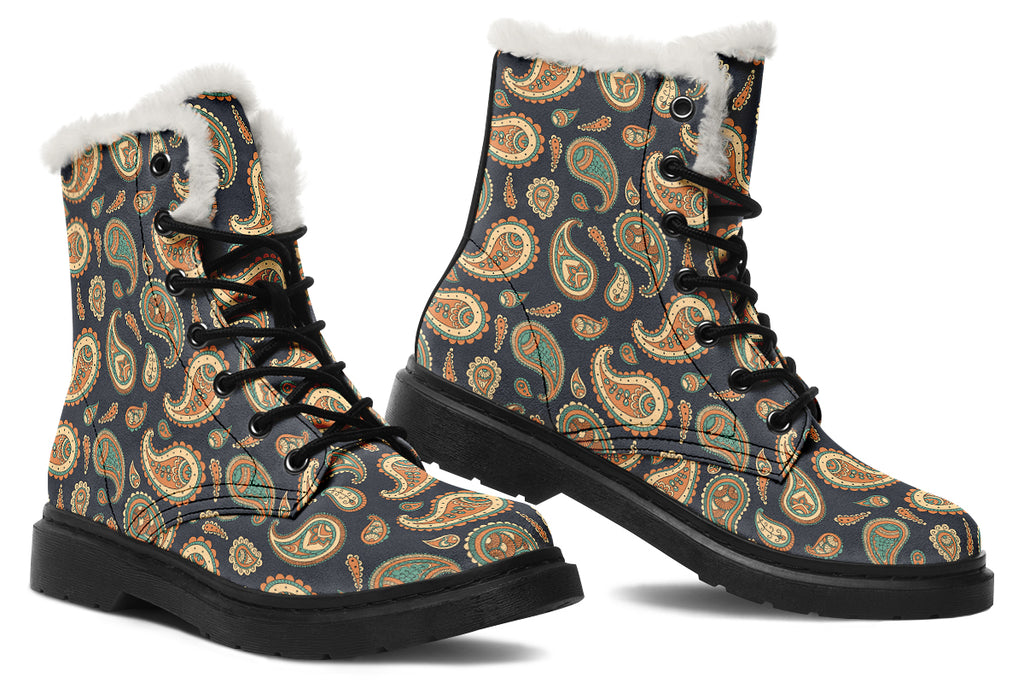 Retro Paisley Faux Fur Boots - Offbeat Sweetie