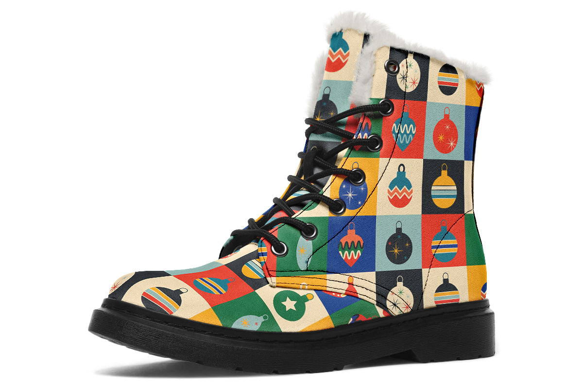 Retro Xmas Baubles Faux Fur Boots - Offbeat Sweetie