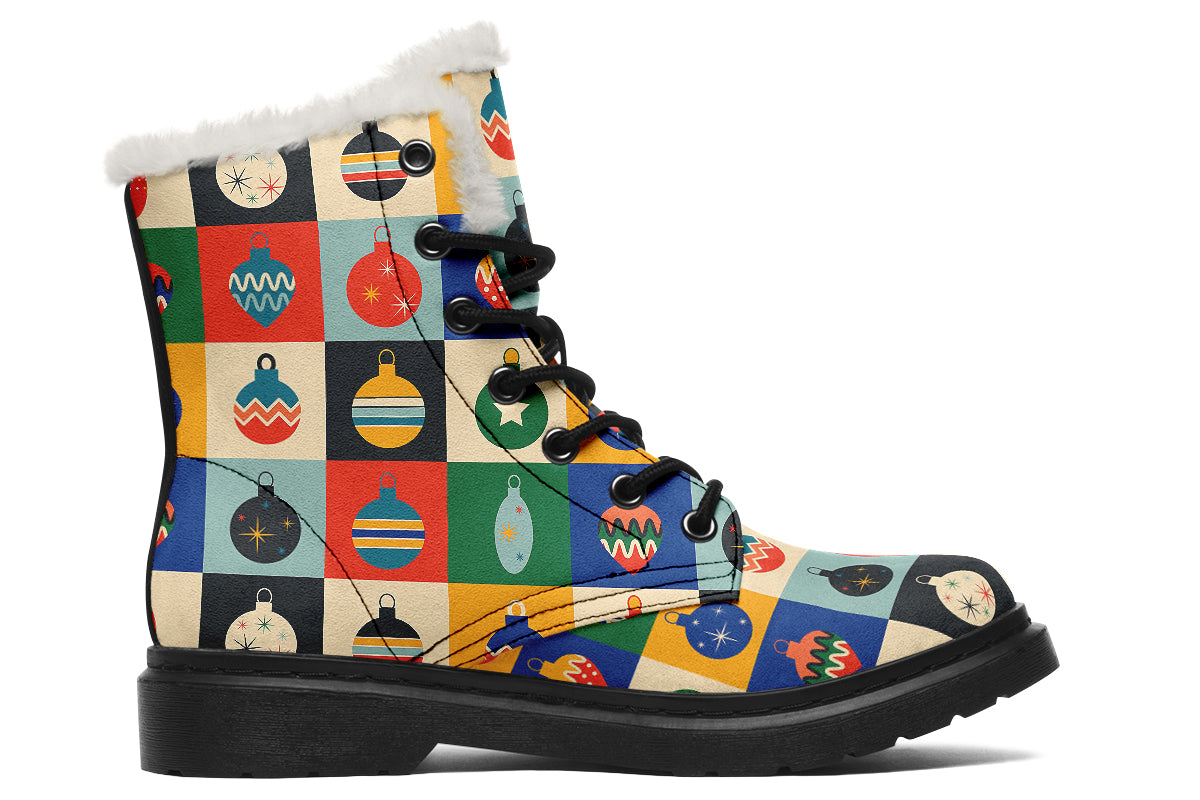 Retro Xmas Baubles Faux Fur Boots - Offbeat Sweetie